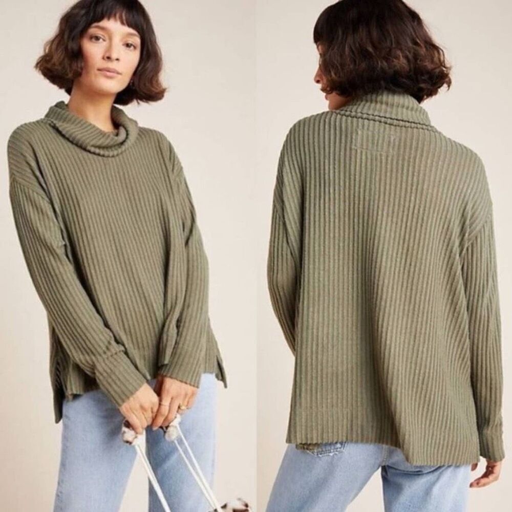 Anthropologie Maeve Women's Vanna Ribbed Knit Cowl Neck Top Army Green Size Smal